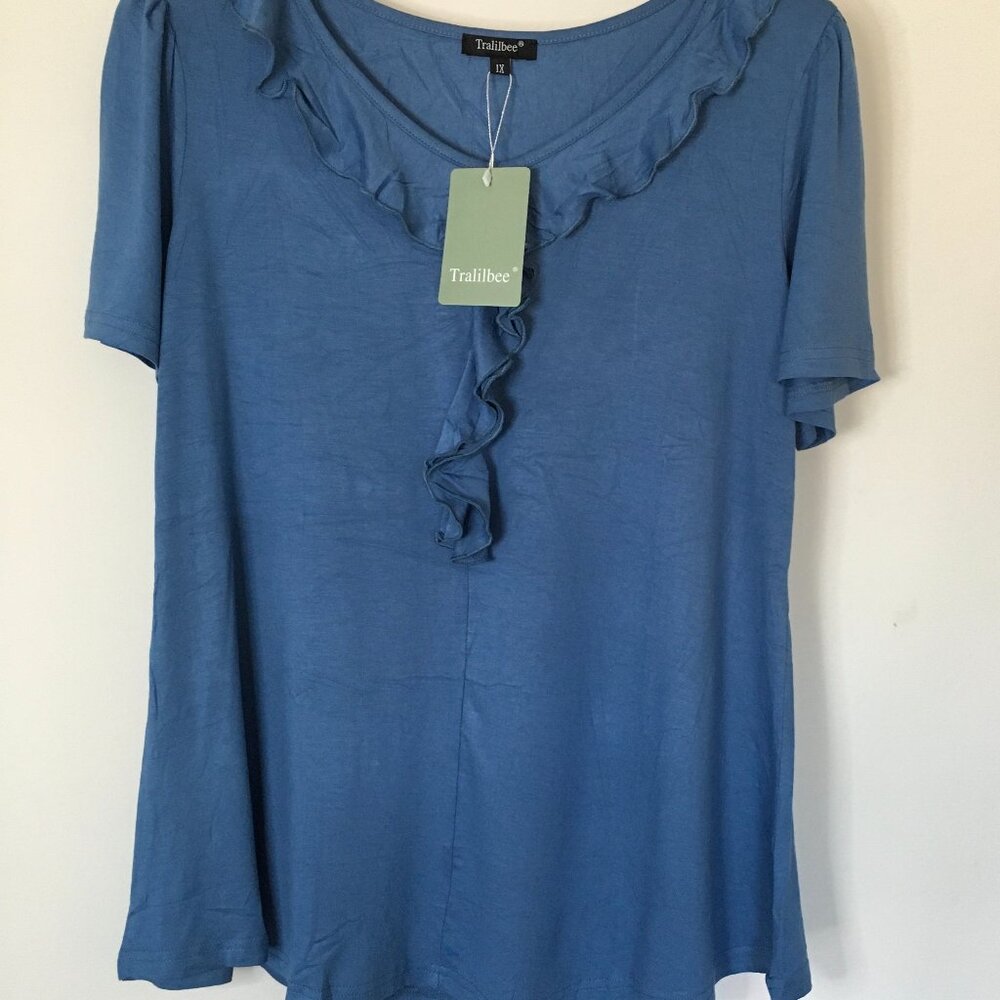 Tralilbee Women's Plus Size V Neck Short Sleeve Casual  Tunics Tops , 1X, Blue